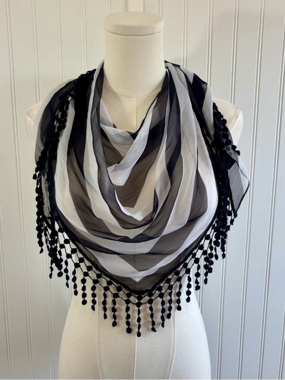 Chico’s Black White Striped Boho Sheer Scarf Wrap Shawl Fringe OS Minimalist